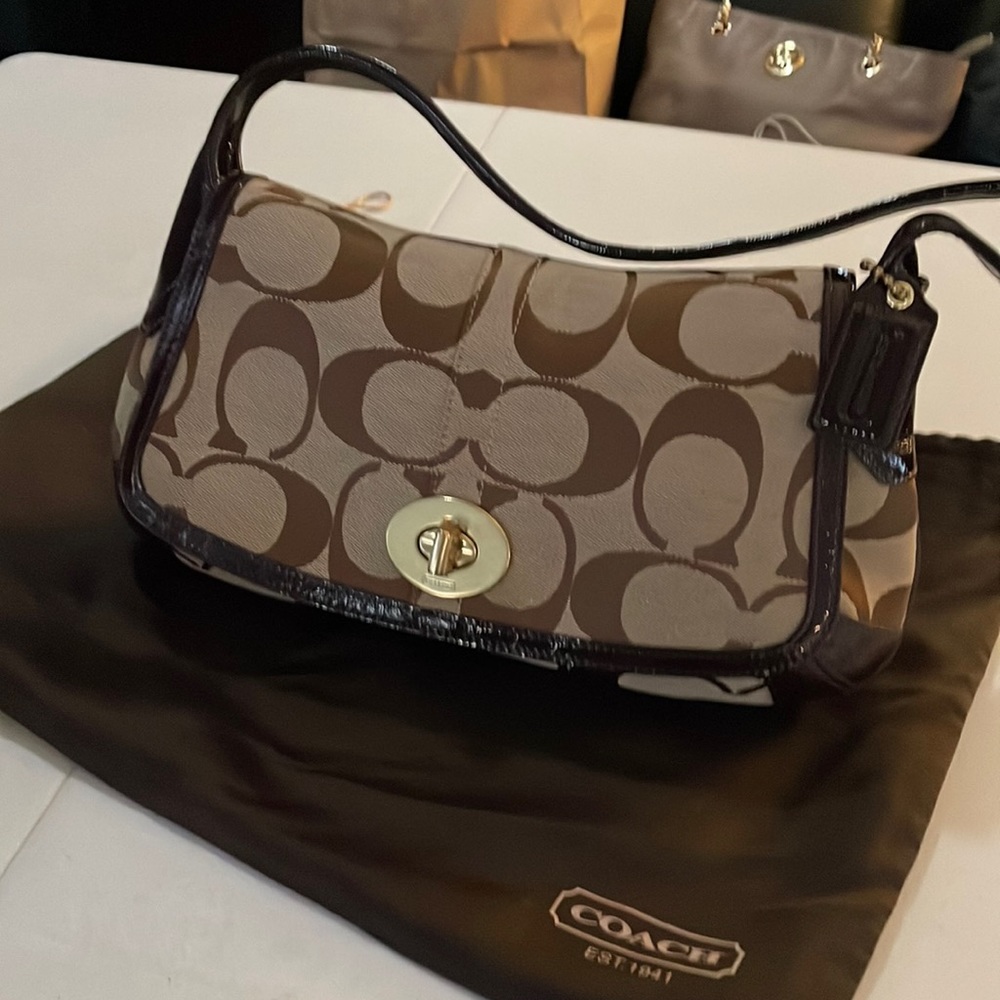 Brown Coach Signature Print Shoulder Bag
